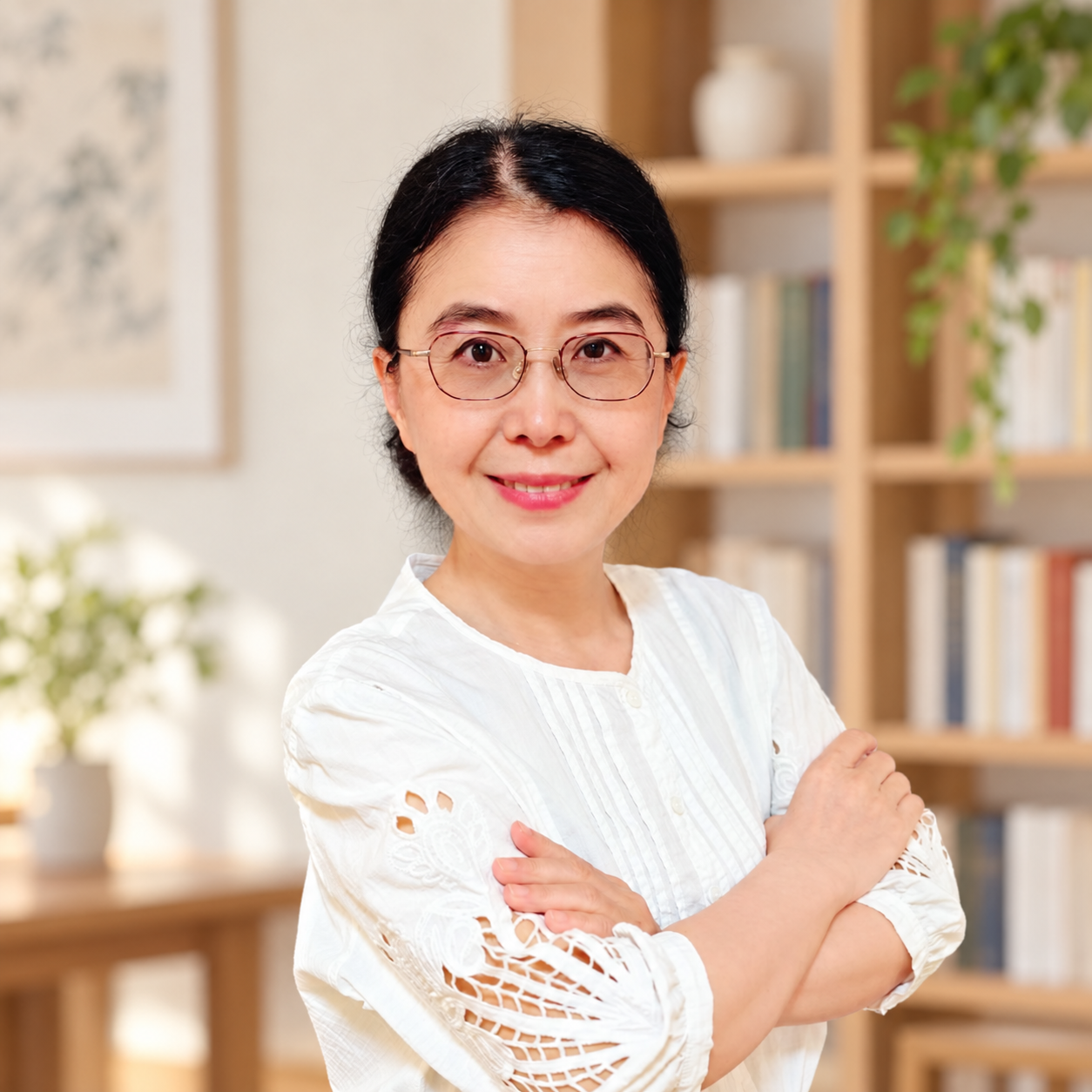 蒙慧老师在暖色书房中的个人照